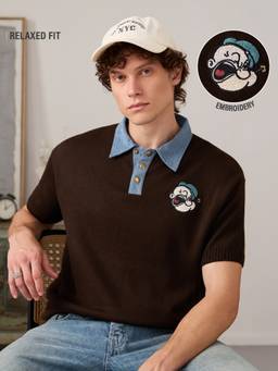 The Souled Store - Official Popeye: The Sailor Men Brown Textured Polo T-Shirt