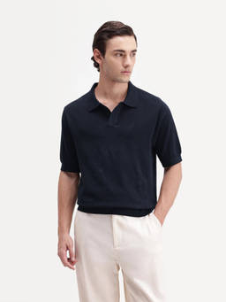 Rare Rabbit - Alfie Men Navy Blue Solid Flat Knit Cotton Polo T-Shirt