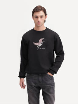 Rare Rabbit - Birdi Black Graphic Embroidered Crew Neck Sweatshirt