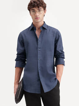 Rare Rabbit - Gama Men Navy Solid Cotton Blend Regular Fit Casual Shirt