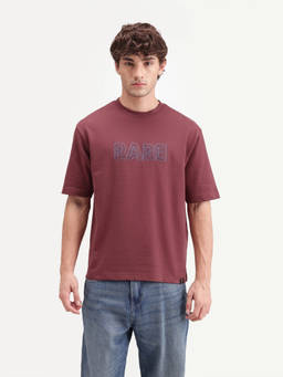 Rare Rabbit - Joss Men Dusky Red Solid Embroidered Crew Neck T-Shirt