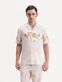 Rare Rabbit - Jot Light Beige Printed Cuban Collar Shirt