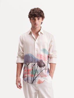 Rare Rabbit - Ond Men Off White Abstract Print Linen Blend Casual Shirt