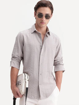 Rare Rabbit - Slink Men Grey Textured Spread Collar Shirt