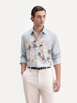 Rare Rabbit - Sumo Men Pastel Blue Floral Print Linen Blend Casual Shirt