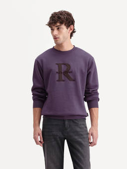 Rare Rabbit - Wazi Men Dusky Purple Solid Embroidered Crew Neck Sweatshirt