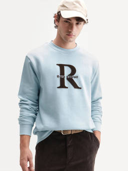 Rare Rabbit - Wazi Light Blue Solid Embroidered Crew Neck Sweatshirt