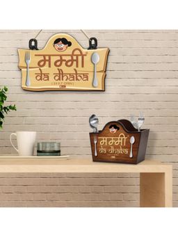 Indigifts - Mummy Da Dhaba Brown Printed Wall Hanging and Cutlery Holder