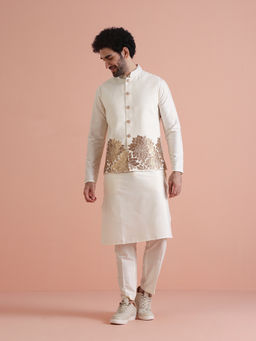 KISAH - Off White Cotton Blend Embroidered Kurta with Jacket & Trouser (Set of 3)