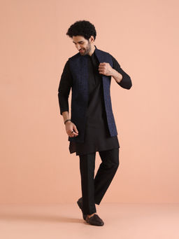 KISAH - Black & Blue Silk Blend Woven Kurta with Jacket & Trouser (Set of 3)