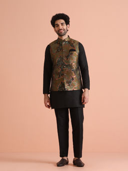 KISAH - Black & Green Silk Blend Woven Kurta with Jacket & Trouser (Set of 3)