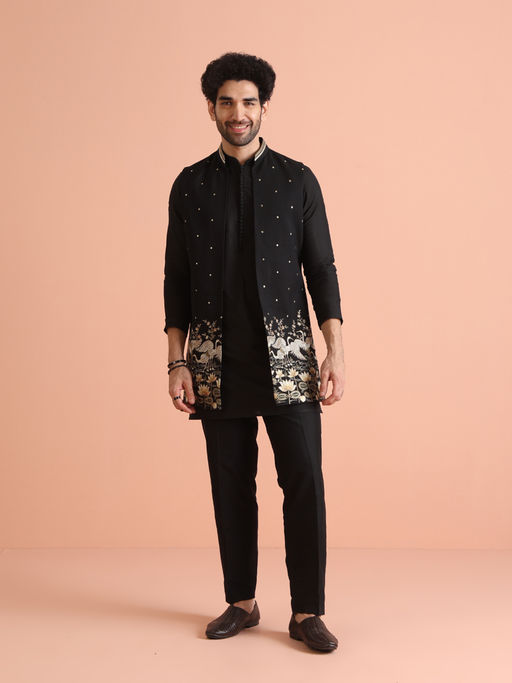 KISAH Black Cotton Blend Embroidered Kurta with Jacket & Trouser (Set of 3)