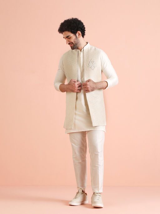 KISAH Off White Woven Design Kurta with Jacket & Trouser (Set of 3)