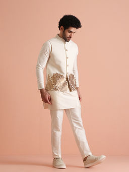 KISAH - Off White Cotton Blend Solid Embroidered Kurta with Jacket & Trouser (Set of 3)