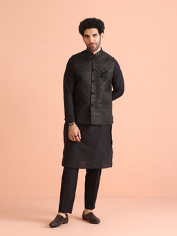 KISAH - Black Silk Blend Woven Embroidered Kurta with Jacket & Trouser (Set of 3)