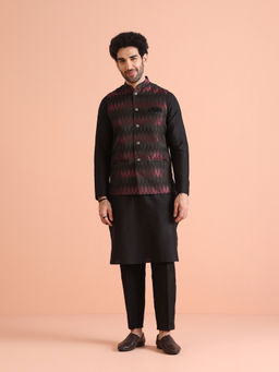 KISAH - Black Silk Blend Woven Design Kurta with Jacket & Trouser (Set of 3)