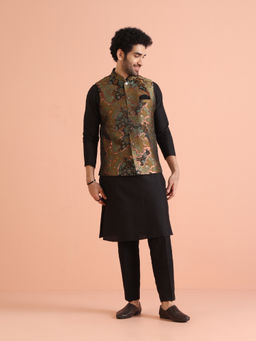 KISAH - Black & Green Silk Blend Woven Design Kurta with Jacket & Trouser (Set of 3)