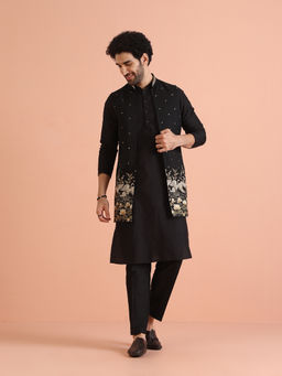KISAH - Black Cotton Blend Embroidered Kurta with Jacket & Trouser (Set of 3)