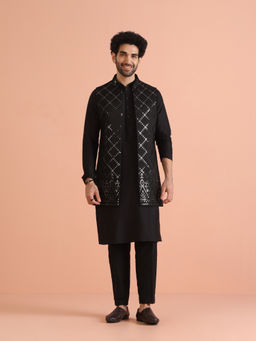 KISAH - Black Embroidered Kurta with Jacket & Trouser (Set of 3)