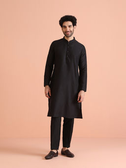 KISAH - Black Cotton Blend Solid Printed Kurta with Trouser (Set of 2)