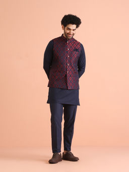 KISAH - Navy Blue Silk Blend Woven Design Kurta with Jacket & Trouser (Set of 3)