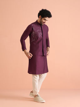 KISAH - Wine Cotton Blend Embroidered Kurta with Jacket & Trouser (Set of 3)