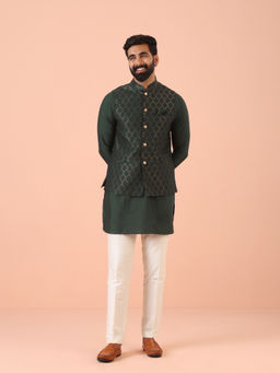 KISAH - Green Silk Blend Self Design Kurta with Jacket & Trouser (Set of 3)