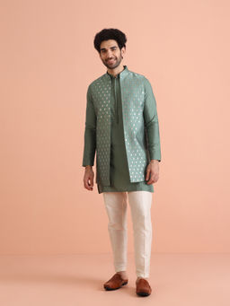KISAH - Green Silk Blend Woven Design Kurta with Jacket & Trouser (Set of 3)