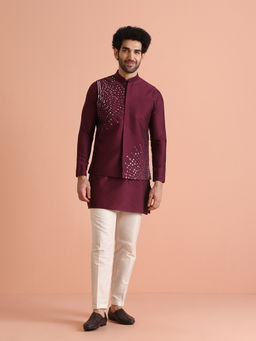 KISAH - Maroon Cotton Blend Embroidered Kurta with Jacket & Trouser (Set of 3)