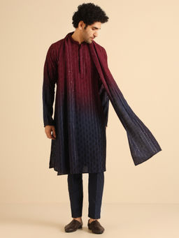 KISAH - Red & Navy Blue Embellished Kurta with Trouser & Dupatta (Set of 3)