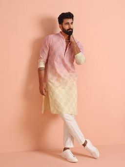 KISAH - Pink & Yellow Cotton Blend Ombre Embroidered Kurta with Trouser (Set of 2)