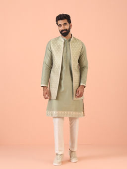 KISAH - Green Silk Blend Self Design Kurta with Jacket & Trouser (Set of 3)