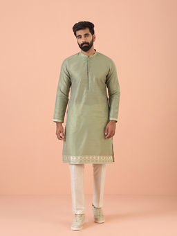 KISAH - Green Silk Blend Self Design Kurta with Trouser (Set of 2)