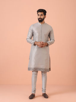 KISAH - Grey Self Design Kurta with Churidar (Set of 2)