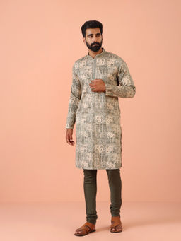 KISAH - Beige Cotton Blend Printed Kurta with Churidar (Set of 2)