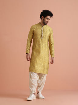 KISAH - Mustard Silk Blend Self Design Kurta with Patiyala (Set of 2)