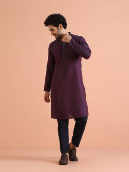 KISAH - Purple Silk Blend Self Design Kurta with Trouser (Set of 2)