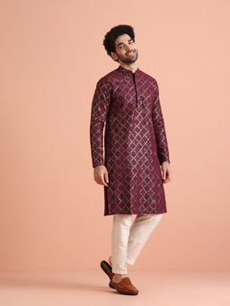 KISAH - Maroon Cotton Blend Embroidered Kurta with Trouser (Set of 2)