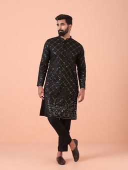 KISAH - Black Cotton Blend Embroidered Kurta with Trouser (Set of 2)