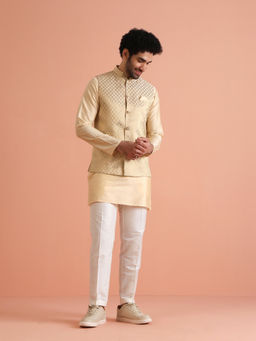 KISAH - Beige Silk Blend Woven Design Kurta with Jacket & Trouser (Set of 3)