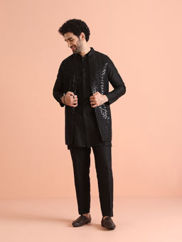KISAH - Black Embroidered Kurta Jacket with Trouser (Set of 3)