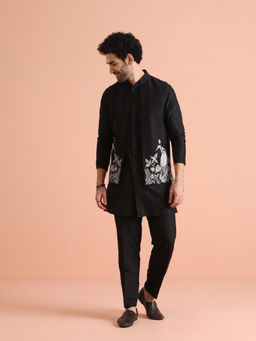 KISAH - Black Cotton Blend Woven Design Kurta with Jacket & Trouser (Set of 3)