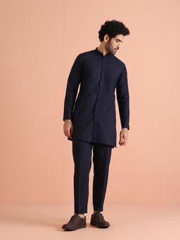KISAH - Navy Blue Cotton Blend Solid Kurta with Trouser (Set of 2)