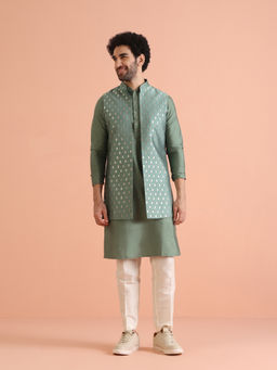 KISAH - Green Silk Blend Woven Design Kurta with Jacket & Trouser (Set of 3)