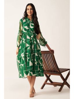 HOUSE OF SAL - Green Printed Midi Dress with Belt