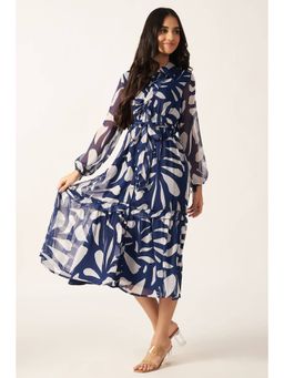 HOUSE OF SAL - Blue Printed Midi Dress with Belt