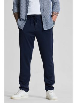 Snitch - Navy Blue Self-Design Slim Formal Trouser for Men