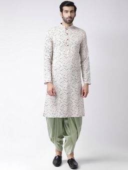KISAH - Men White Printed Cotton Blend Kurta Dhoti Set with Kantha Print