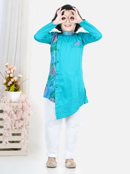 Kinder Kids - Blue Kurta & Kota Work At One Side Paired with Pajama (Set of 2)