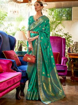 Odette - Women Silk Blend Teal Green Woven Design Saree with Unstitched Blouse